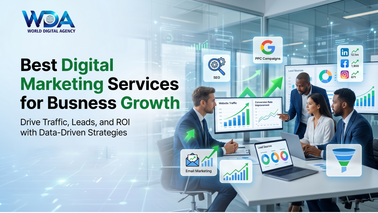 Digital marketing team analyzing SEO, PPC, and social media growth strategies.