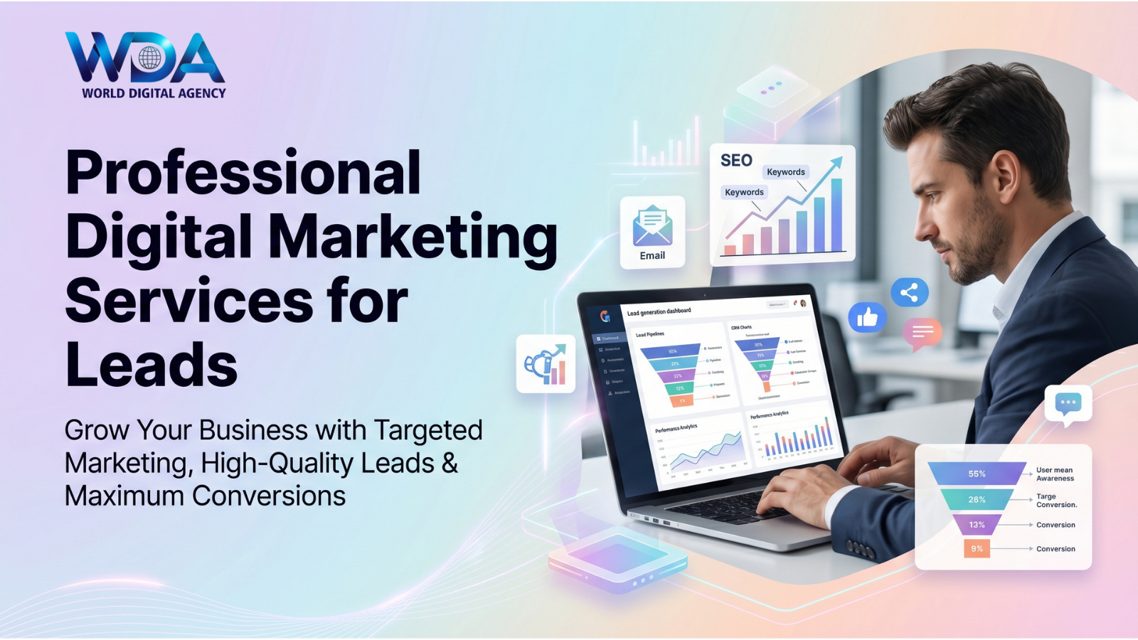 Man analyzing marketing data and lead generation dashboard on laptop.