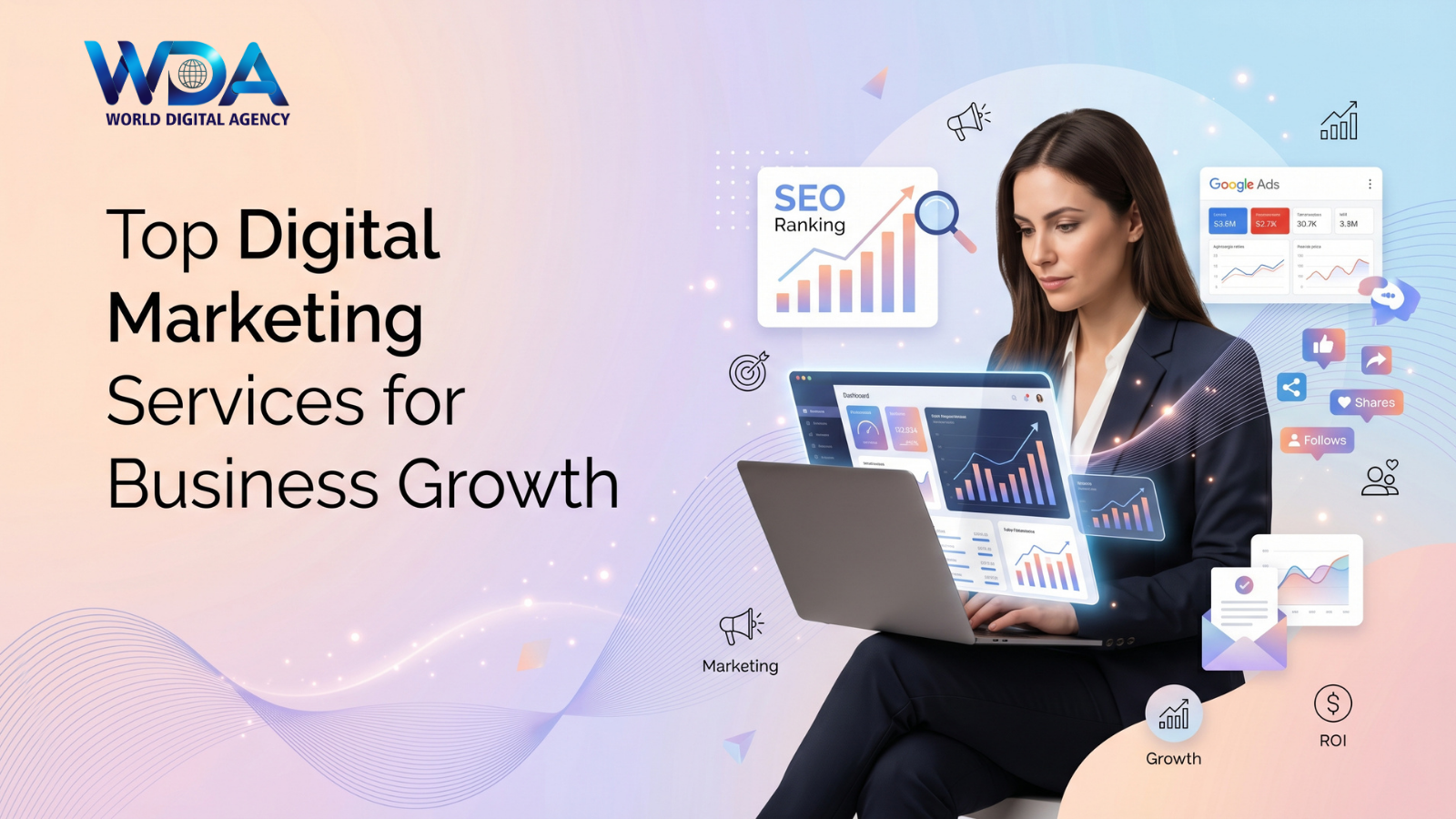 Woman reviewing SEO and marketing analytics on laptop.
