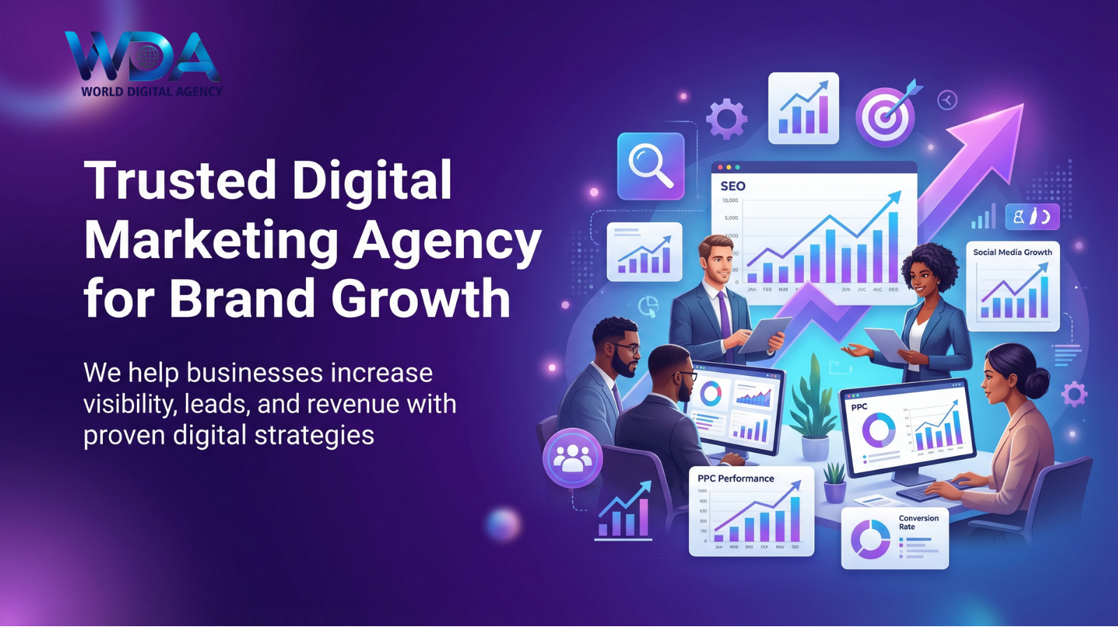 Digital marketing team analyzing growth charts and analytics