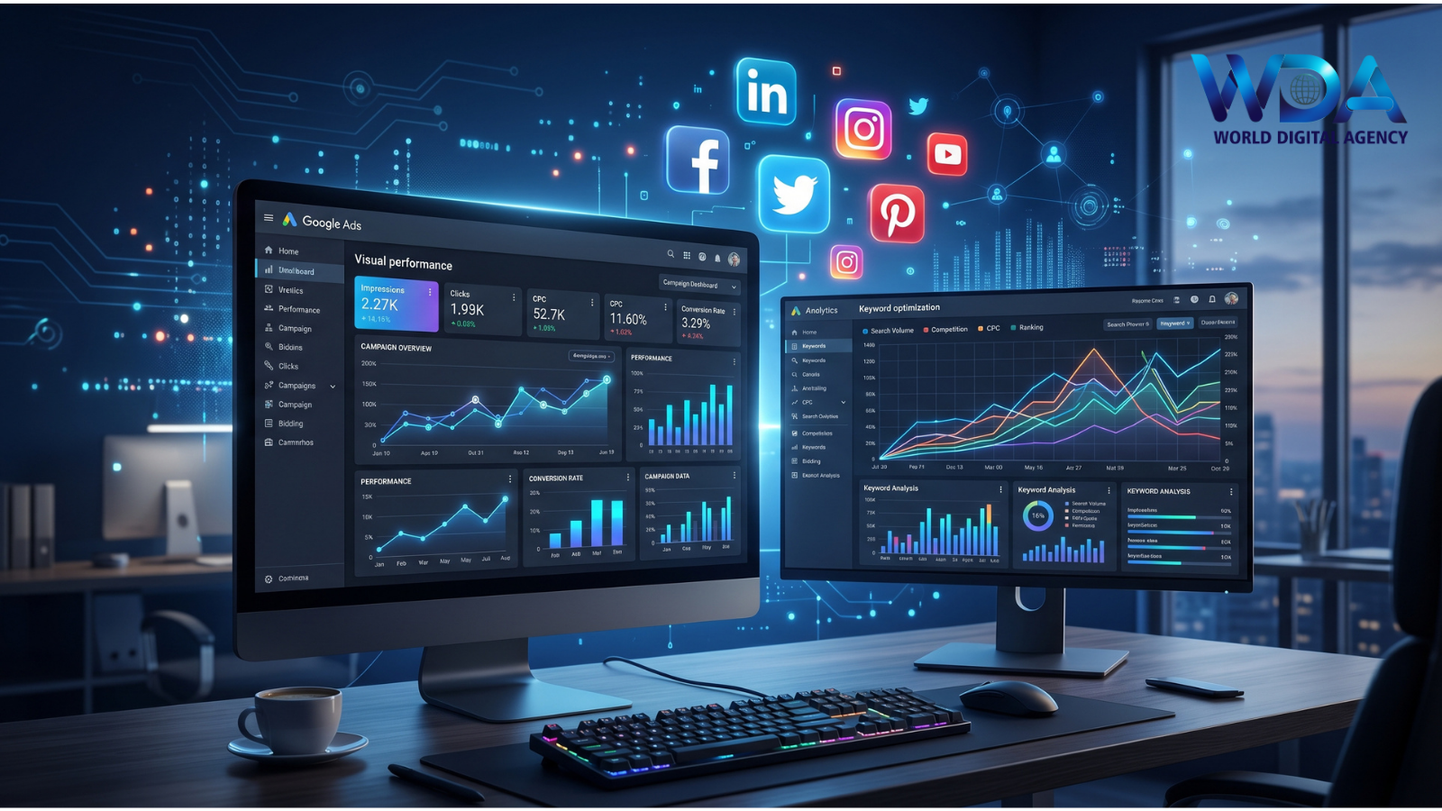 Digital marketing dashboards with analytics and social media icons