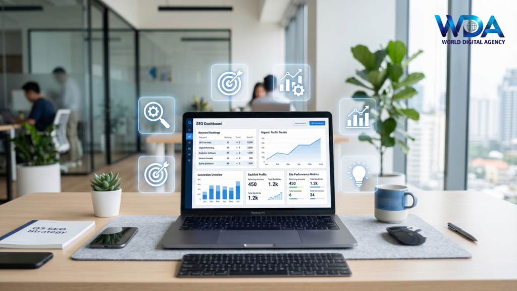 Laptop with SEO dashboard on office desk