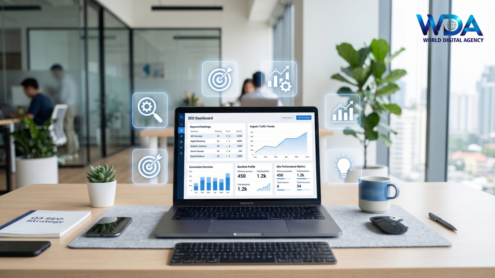 Laptop with SEO dashboard on office desk