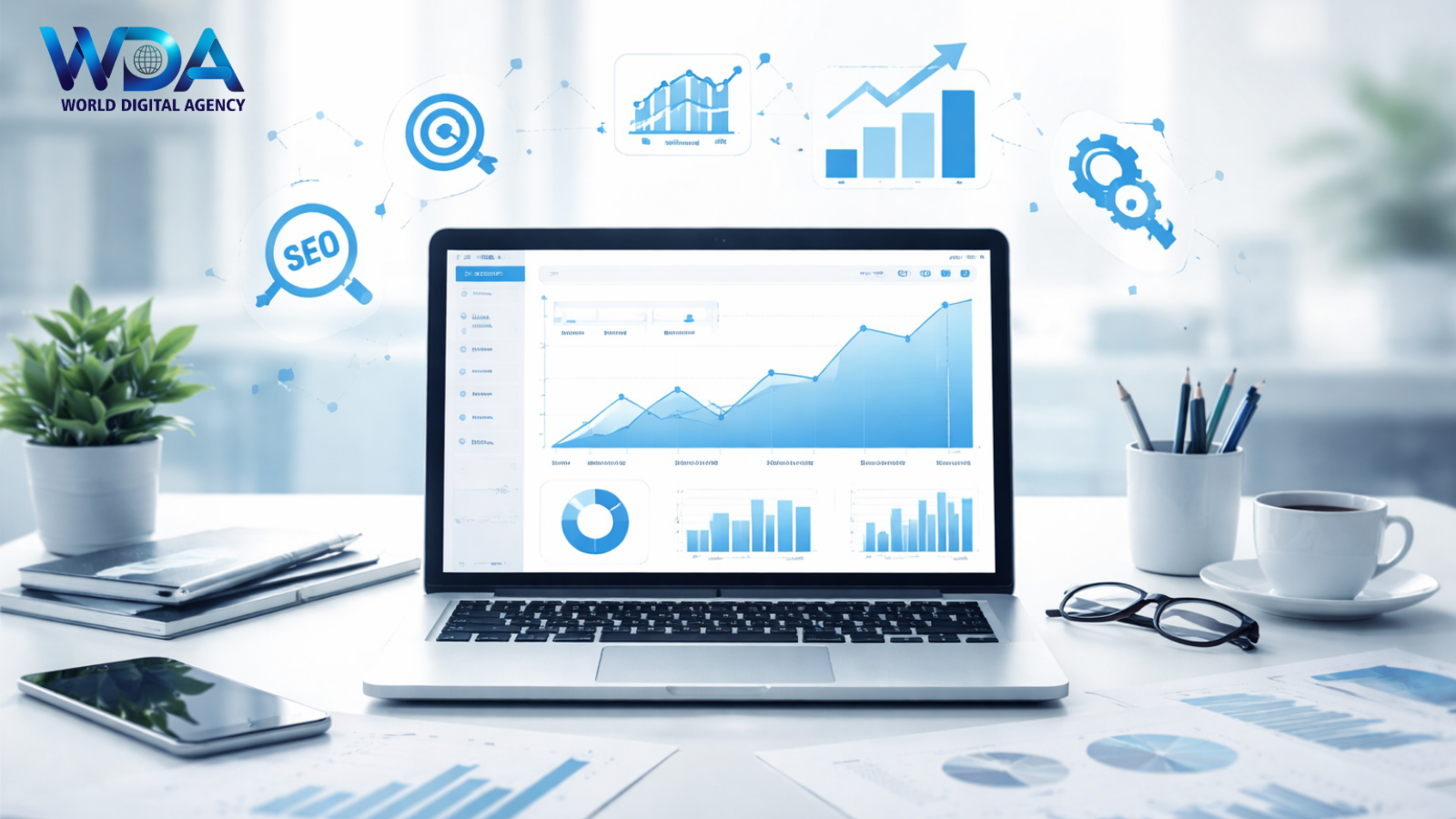 Laptop showing SEO and marketing analytics dashboard