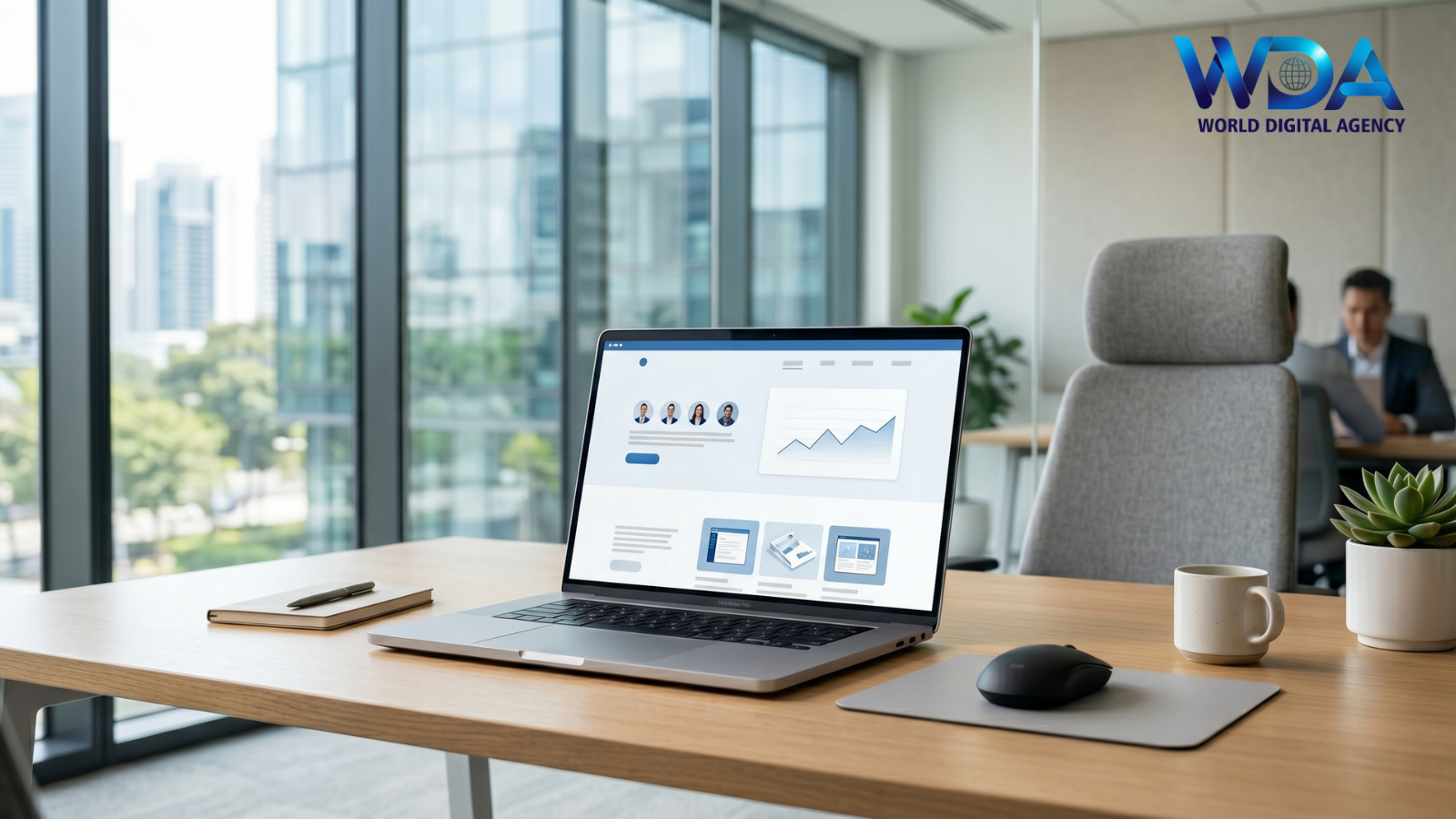 Laptop showing website design dashboard on office desk