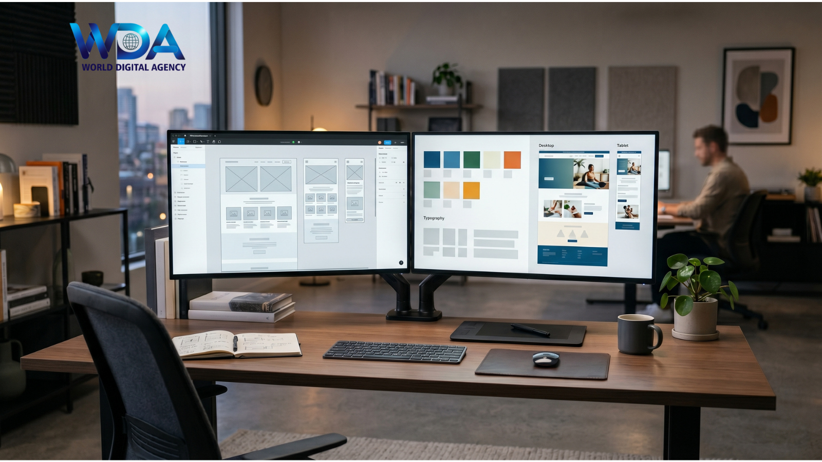 Dual monitors displaying web design layouts on a modern desk.