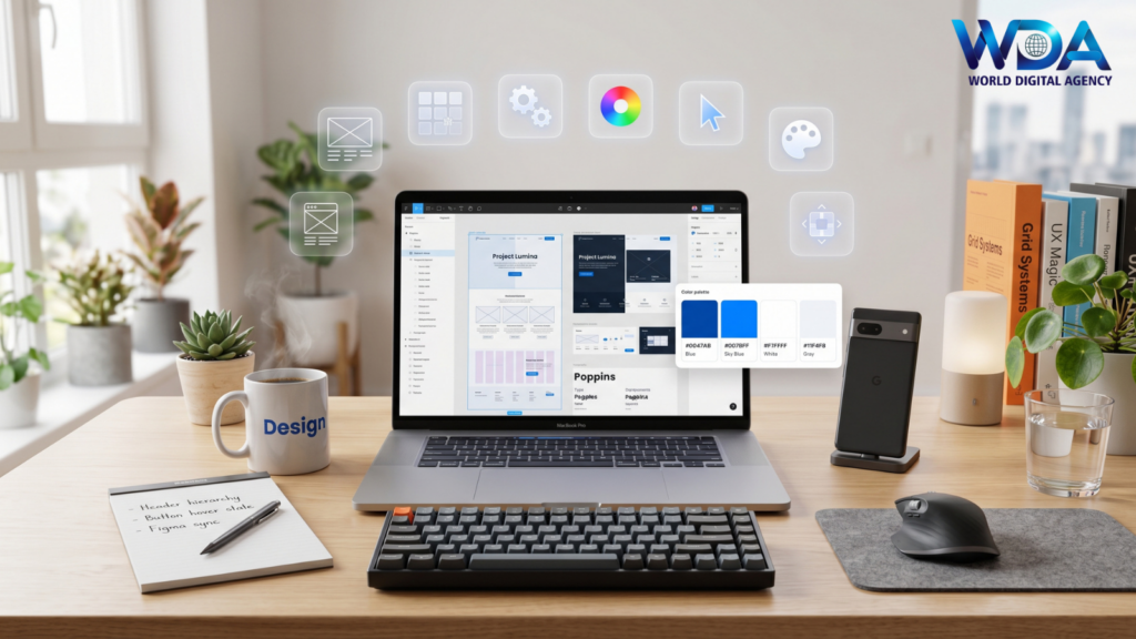 Laptop showing UI design with digital tools and workspace setup