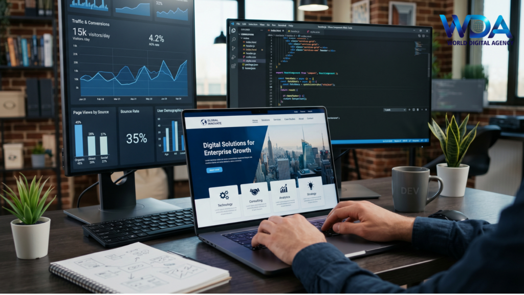 Developer working on website design with coding and analytics screens