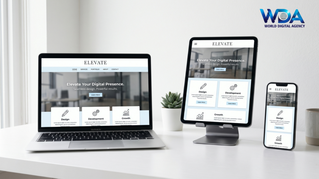 Website displayed on laptop, tablet and mobile showing responsive design