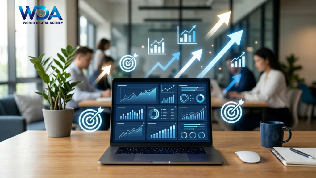 Laptop showing marketing analytics with growth arrows and charts