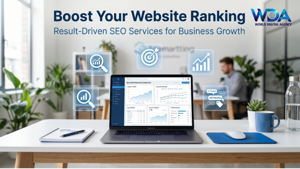 Laptop displaying SEO performance dashboard on desk