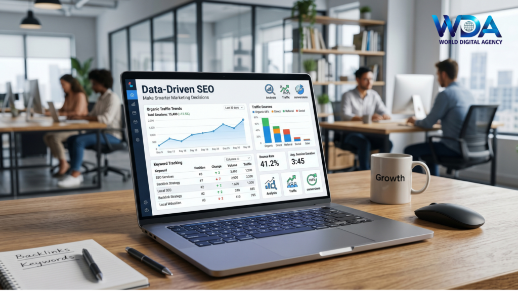 Laptop showing SEO dashboard on office desk