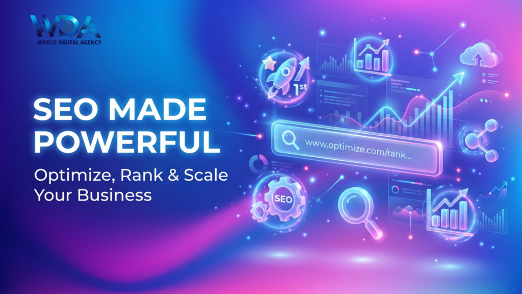 Colorful SEO illustration with search bar, charts, and growth icons