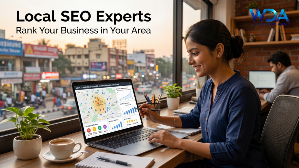 Woman analyzing local SEO data on laptop near window