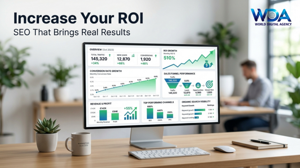 SEO dashboard showing traffic and ROI growth