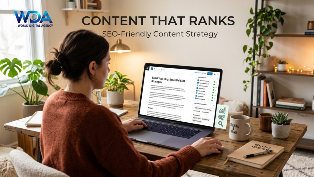 Person working on SEO content strategy on laptop