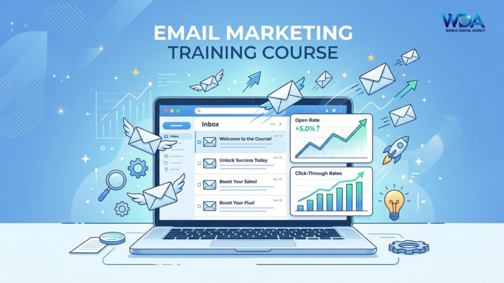 Laptop showing email inbox with flying envelopes and marketing analytics charts