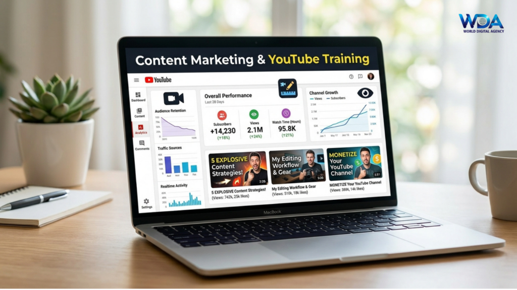 Laptop displaying YouTube analytics and content marketing training dashboard