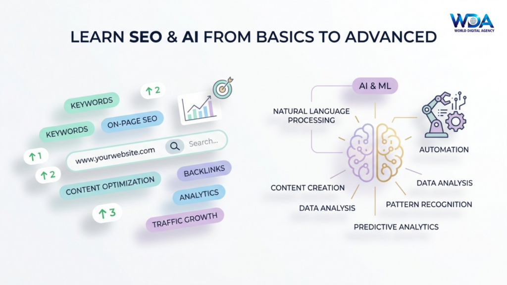 Illustration of SEO and AI concepts with keywords, analytics, and automation