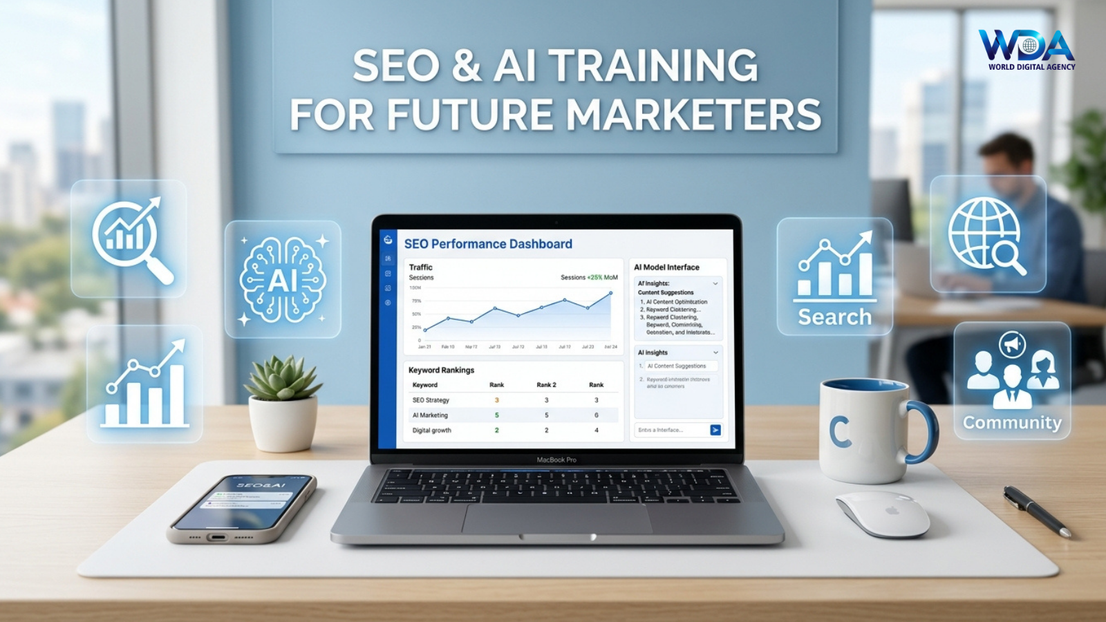 Laptop displaying SEO dashboard with AI and marketing icons