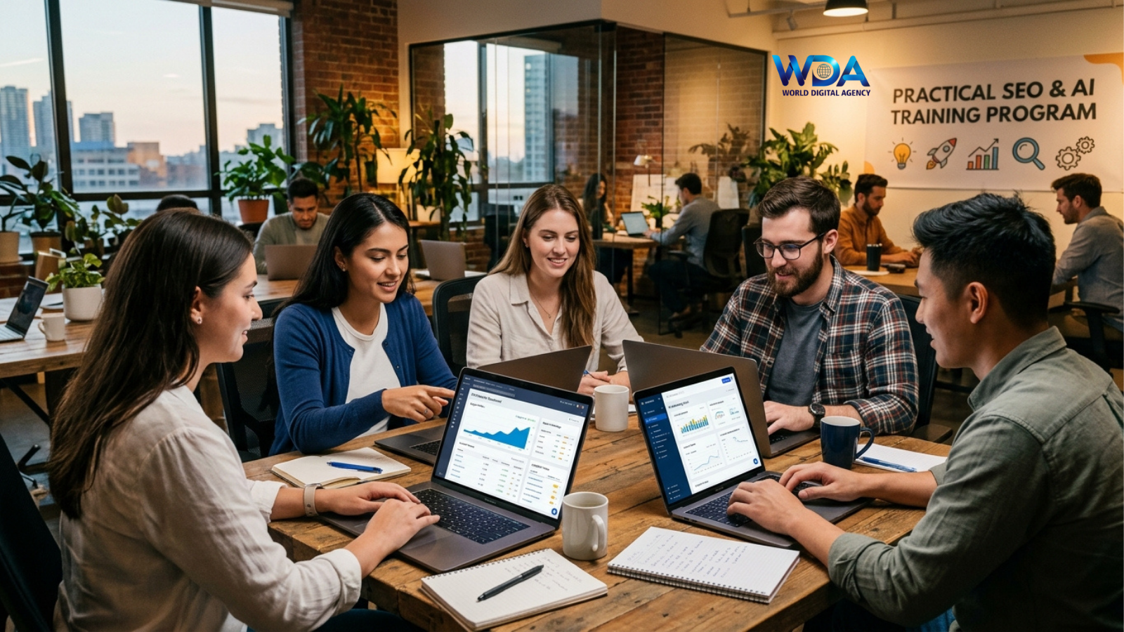 Group of professionals collaborating with laptops in a modern office during SEO and AI training