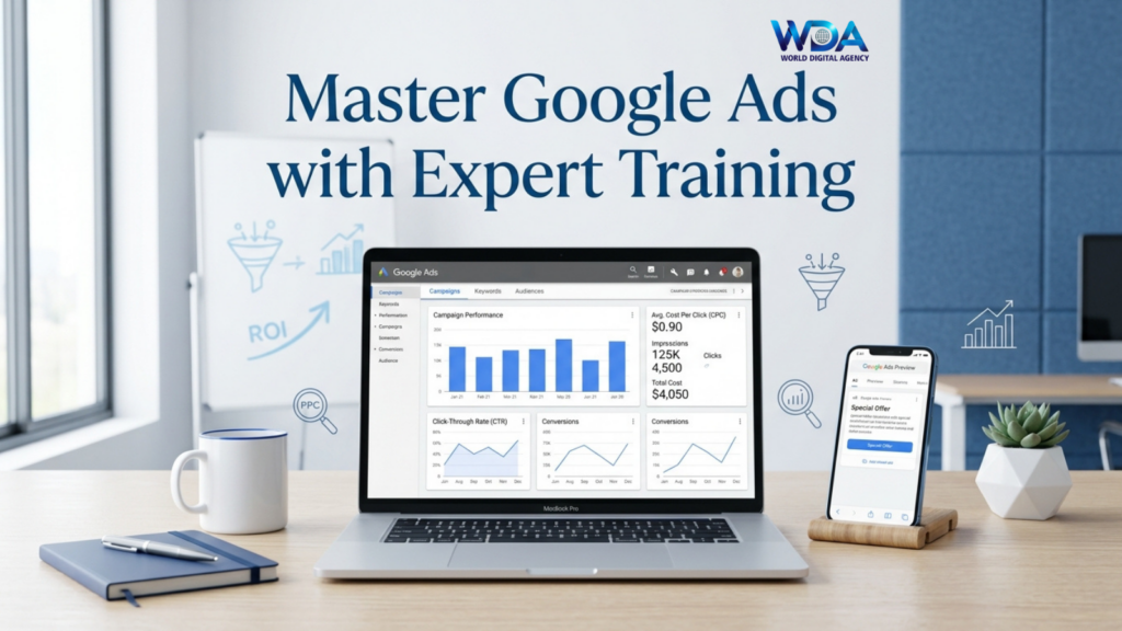 Google Ads training dashboard on laptop with smartphone display