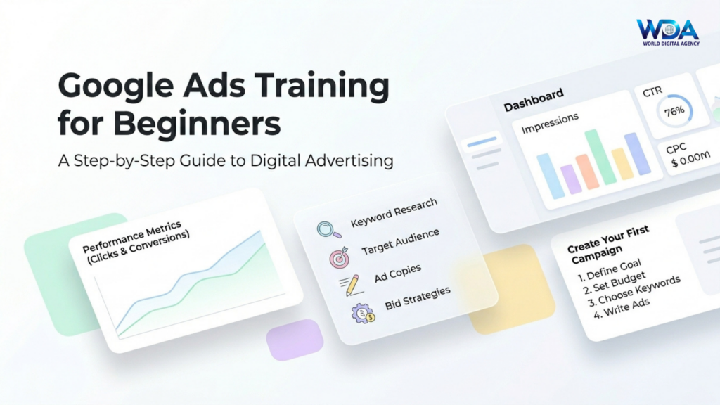 Beginner Google Ads training dashboard with campaign steps