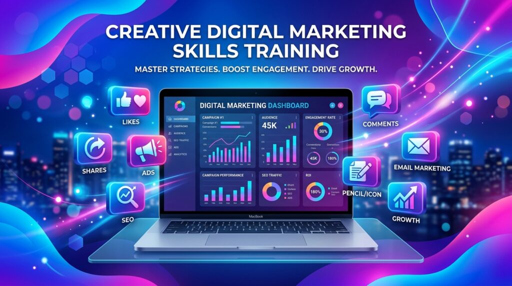 Laptop with digital marketing dashboard and social media icons