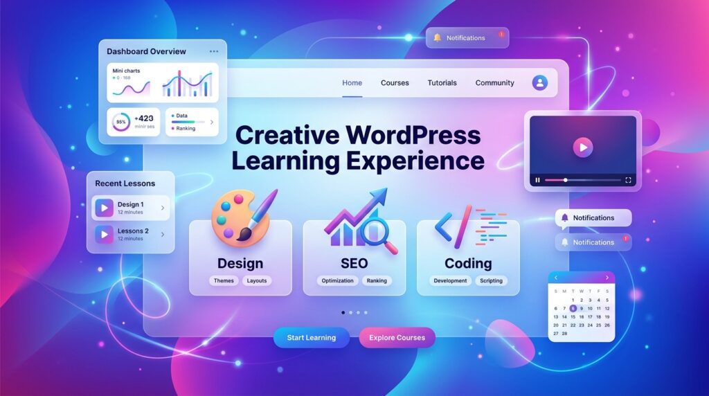 Colorful WordPress learning dashboard with design, SEO, and coding modules