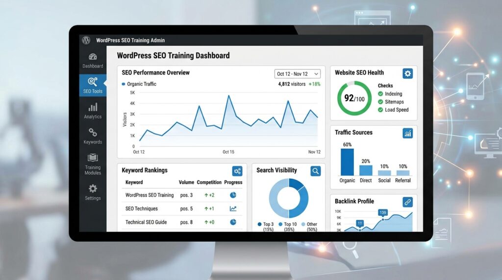 WordPress SEO dashboard showing analytics and performance metrics
