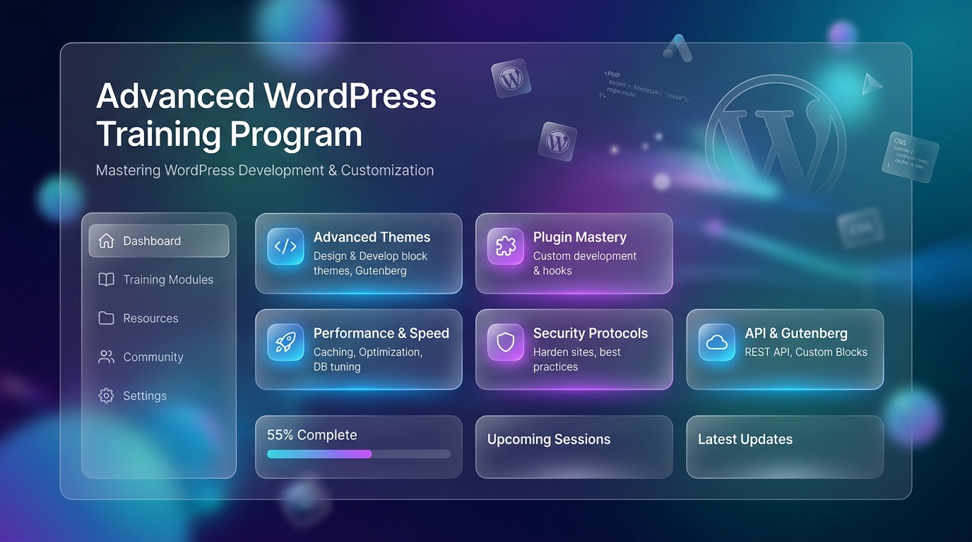 Modern dashboard for advanced WordPress training with modules and progress tracking