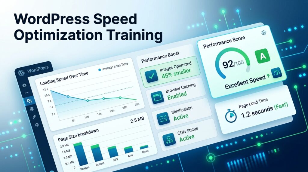WordPress speed optimization dashboard with performance score and metrics