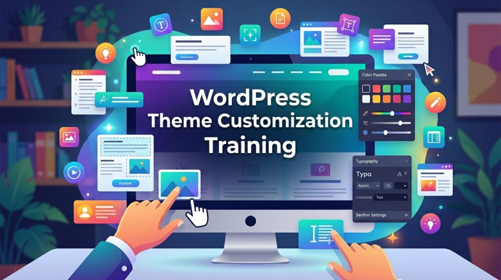 WordPress theme customization interface with design tools and elements