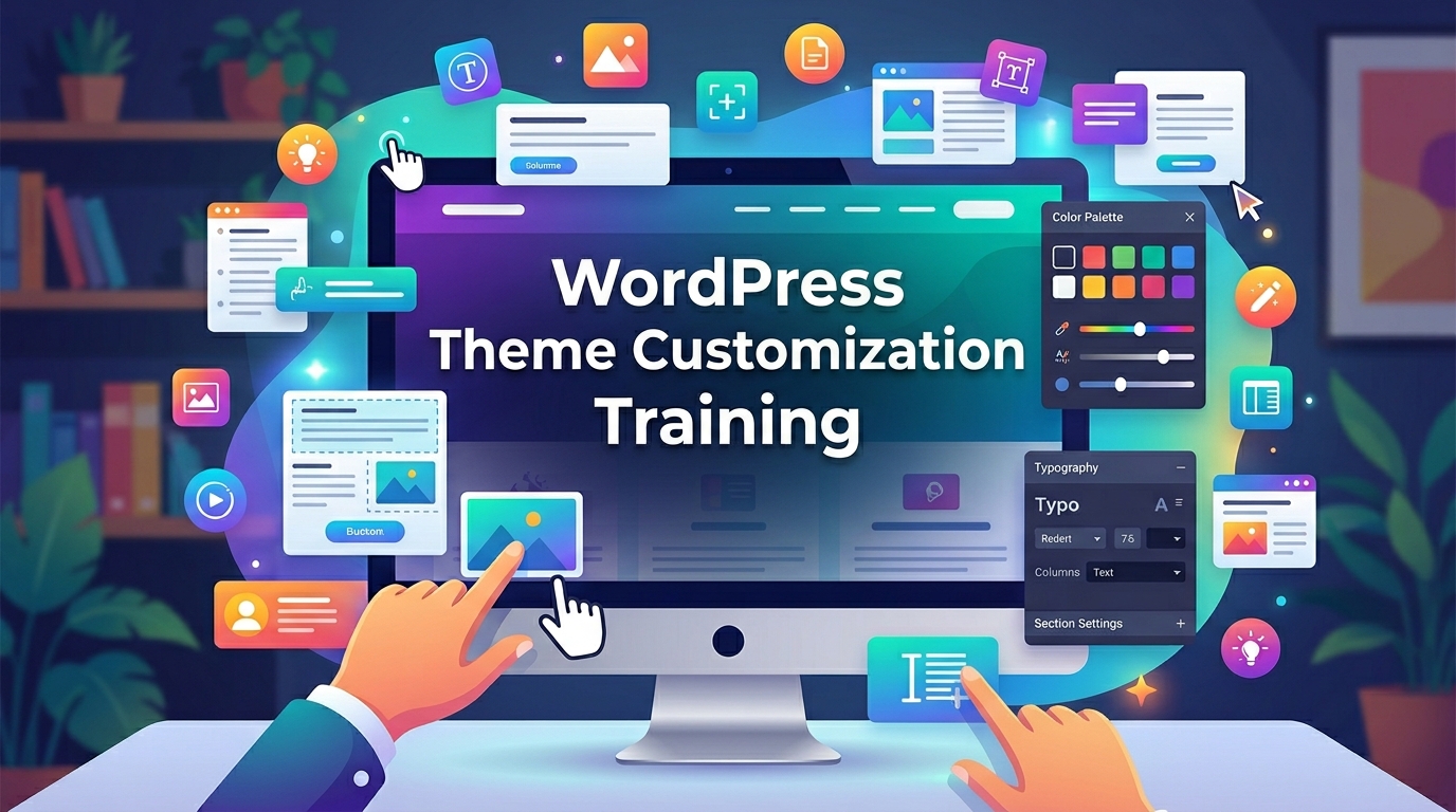 WordPress theme customization interface with design tools and elements
