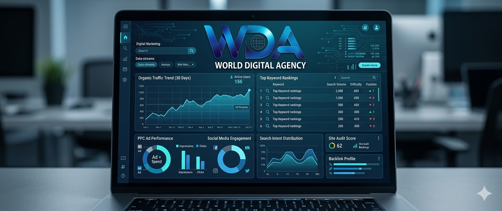 Digital marketing analytics dashboard with WDA logo