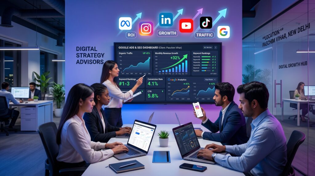 Team reviewing digital marketing analytics on a screen in an office.