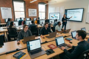 WordPress development training classroom with students learning website design on computers