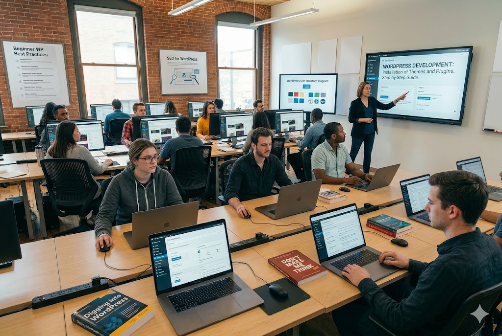 WordPress development training classroom with students learning website design on computers