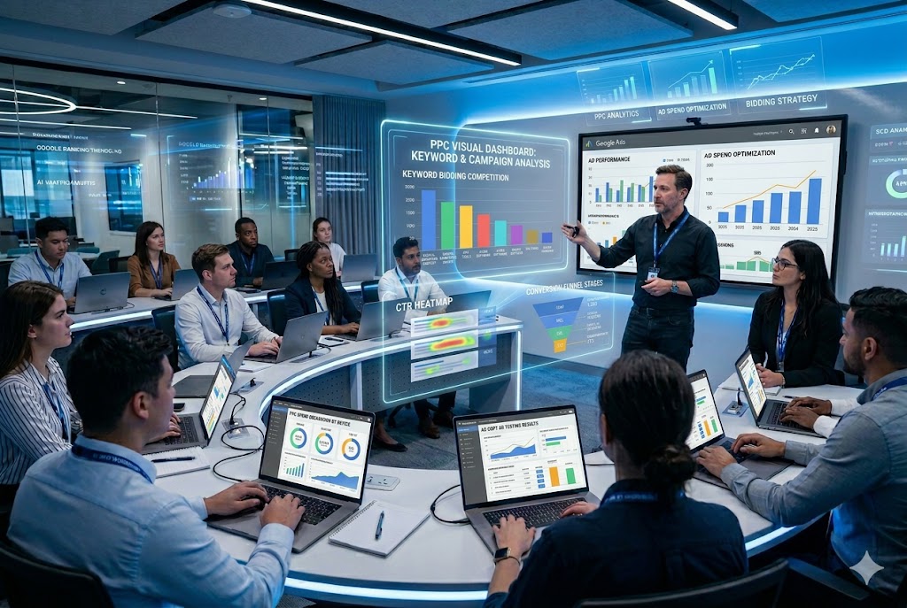 Google Ads training classroom with students learning PPC advertising and digital marketing tools